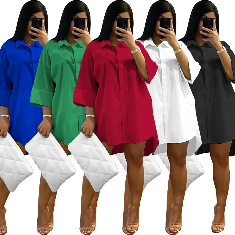 2022 New M-2XL plus size women's dresses 1 piece Half Sleeve Casual Dress Solid Loose Shirt plus size red dress For Ladies