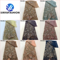Sinya Magnifique Tissu de Dentelle en Tulle Perlé Africain de 5 Yards avec Broderie de Perles de Cristal et de Diamants de Luxe et de Paillettes sur Filet Français