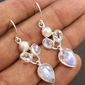 Women's 925 Sterling <b>Silver</b> <b>Stud</b> Earrings Collection Handmade Multicolour with Pearl Moonstone for Engagement Wedding Party Gift - Product Image 2