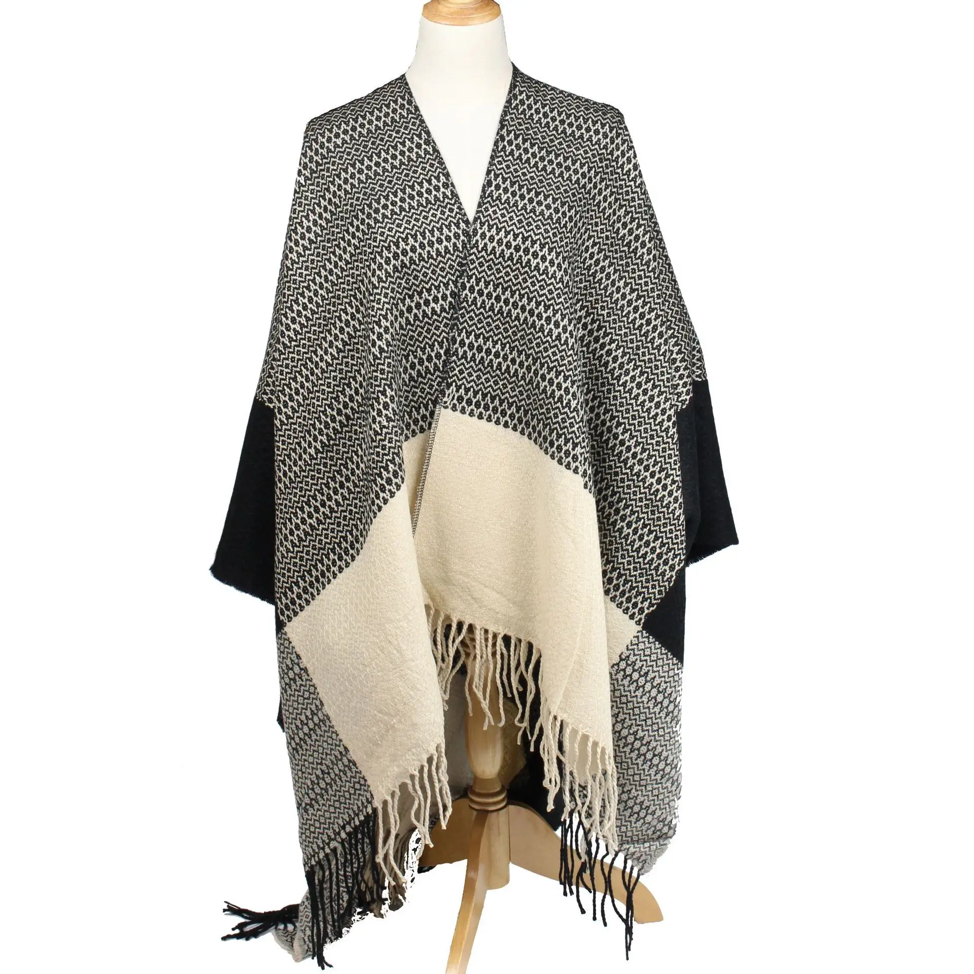 N475 Mode Zwart Ivoor Shawl Sjaal Grid Sjaal Herfst Winter Warme Wollen Sjaals Voor Vrouwen