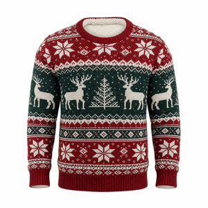 Custom OEM Men Fleece Lined Christmas Ins Style Crew Neck <strong>Knit</strong> Sweater Thick Warm Winter Holiday - Product Image 1