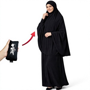 Ensemble Abaya et Khimar Noir pour Femme, 2 Pièces, Manches Longues, Col Montant, Robe Longue Modeste, Couleur Unie, Coupe Ample, en Rayonne Respirante - Product Image 1