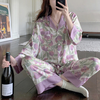 Ensemble de pyjama en soie glacée pour femmes printemps et été haut à manches longues et pantalon pleine longueur, costume de nuit confortable imprimé fleur de tulipe