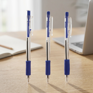 Stylo bille rétractable bleu 0,7 mm à écriture fluide, avec grip en caoutchouc et corps transparent, personnalisable avec logo pour entreprises, écoles et bureaux - Product Image 3