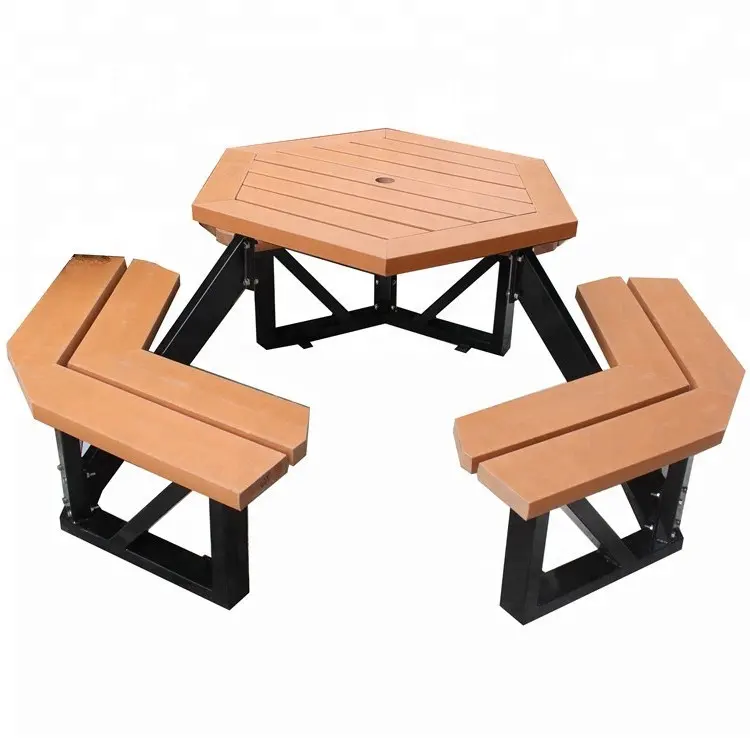 100% Gerecycled Plastic Hout Tuin Tafel Set, Straat En Park Tafel Met Bankjes Camping Tafel Met Paraplu Gat