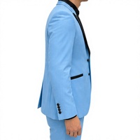 Costume de smoking bleu clair confortable en polyester pour homme, simple boutonnage, revers cranté, finition noire, tenue de cérémonie pour mariage et soirée