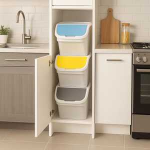 White 25 Litre Tower <b>Bins</b> Set Of 3 Stackable Waste Collection <b>Bin</b> With <b>Lid</b> For Kitchen Recycling Storage - Product Image 6