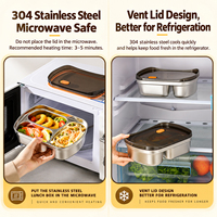 Boîte à lunch bento en acier inoxydable 304, 2 ou 3 compartiments, récipient de stockage alimentaire avec couvercle ventilé pour l'école, le bureau, les pique-niques et la préparation des repas