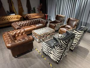 Canapé Chesterfield 3 places en cuir véritable, style vintage américain rétro - Product Image 5