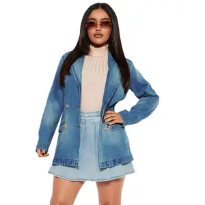 W6631 Women Winter 2023 Fashion Long Sleeve Notched Collar Washed Double Breasted Blazer Style Denim Jackets Coats