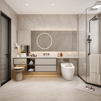 Meuble-lavabo flottant modulaire sophistiqué avec fond texturé en pierre et niche LED encastrée pour projet d'appartement