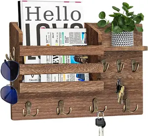 Rustic Wall Mounted Mail Holder Wooden Mail Sorter Organizer Shelf with 4 Double Key Hooks wood wall shelf with hooks