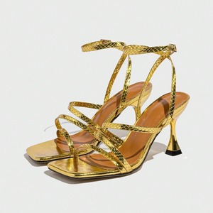 Sandales à talons hauts pour femmes, imprimé peau de serpent dorée, à bride unique et bride cheville, avec talon plaqué et bout carré, Sandalias Para Mujer - Product Image 1