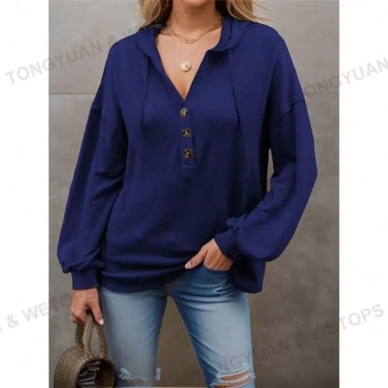 Custom Clothing Manufacturers Ladies Clothing Buttoned Pullover High Low Hem Vintage Oversized Sleeve Hoodies For Women