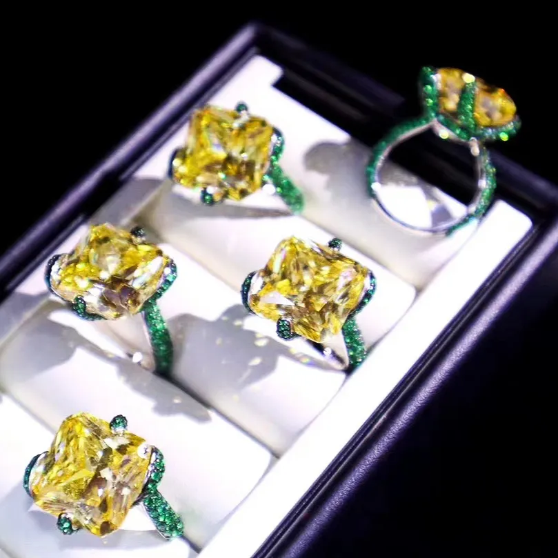 Sieraden Designer Ijs Verpletterd Cut Diamanten Ringen 925 Zilveren Craft Design Yellow Diamond Ring
