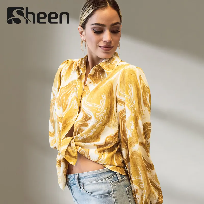 Design amarelo chiffon top vazado algodão mulheres manga comprida camisa