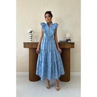 Robe de soirée modeste bleue à volants et boutonnée, translucide, pour femme, de la marque Elisa Fashion, avec logo personnalisé, tailles XS-XL, décontractée, grande taille, pour club, vente en gros