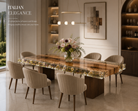 Table à manger rectangulaire en bois de style artisanal moderne, coulée dans de la résine époxy transparente comme du cristal, incrustée de fleurs