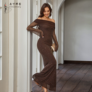 Elegante Abito Lungo da Cerimonia Marrone Scintillante con Spalle Scoperte, Ricami di Perline e <span class=keywords><strong>Maniche</strong></span> <span class=keywords><strong>Lunghe</strong></span>, per Ospiti di Matrimonio, Serate ed Eventi - Product Image 4