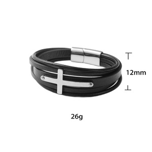 yunnique Cross Shaped Leather Bracelet Black Titanium Steel Unisex Gift Jewelry - Product Image 5