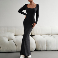 Hochwertige Mode Damen Herbst Square Neck Frauen Solid Rüschen Bodycon Kleid Sexy Langarm Strick Slim Kleid