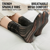 Chaussettes transparentes en maille scintillante vintage pour femmes - Chaussettes mi-mollet ultra-fines côtelées transparentes avec bordure à volants et accents brillants