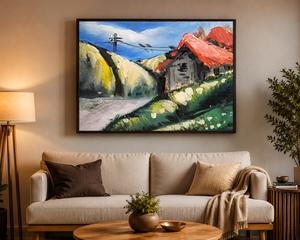 Impression sur toile de paysage aquarelle peinte à la main, style impressionniste, scène de chalet à toit rouge et de montagne, décoration intérieure - Product Image 2