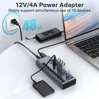 Hub USB alimenté 10 ports 10 Gbit/s USB 3.2 Gen2 avec interrupteurs individuels, adaptateur secteur 48W, station d'accueil en aluminium – En stock