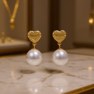 Orecchini Pendenti a Cuore Ajaria in Oro Massiccio 18K con Perle d'Acqua Dolce, Montatura a Castone, Gioielli Classici da Donna per Uso Quotidiano - Product Image 2