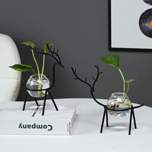 Wholesale Metal Iron Art Hydroponic Home Decoration Flower Plant Fish <b>Clear</b> Glass <b>Vase</b> Tabletop Home Bonsai Decor - Product Image 2