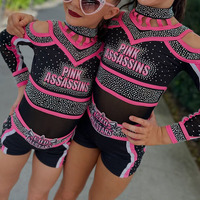 Uniforme de Animadoras con Pedrería Brillante, Color Rosa y Negro, Manga Larga, para Competencia y Entrenamiento