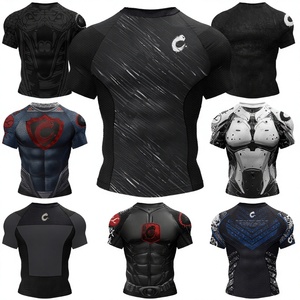 New Pattern OEM ODM Rash Guard Men Digital <b>Print</b> Spandex/Polyester Compression Shirts Short Anti-Bacterial BJJ MMA <b>Surfing</b> - Product Image 3