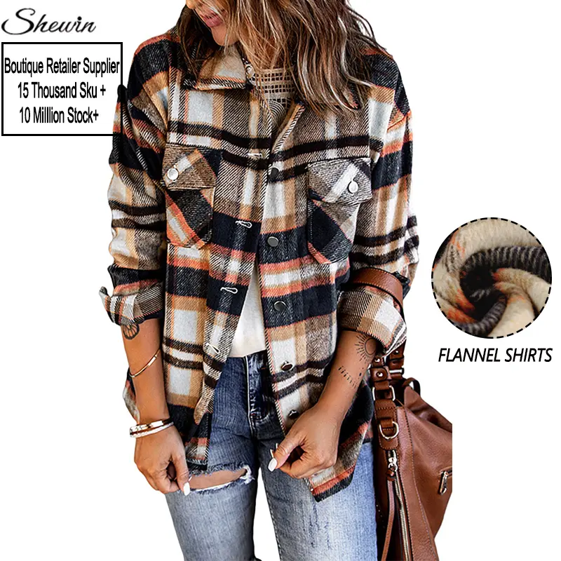 Wholesale Clothing Button Up Pocketed Fashion Plaid Flannel Shirts For Women