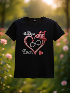 T-shirt Nera da Donna con Scollo Rotondo, Manica Corta, Vestibilità Regolare, Design Cuore con Strass - Stay Beautiful Love San Valentino - Product Image 2