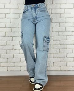 <span class=keywords><strong>Jeans</strong></span> Cargo Larghi da <span class=keywords><strong>Donna</strong></span> all'Ingrosso, a Vita Alta, Multitasche, Gamba Larga in Denim - Product Image 3