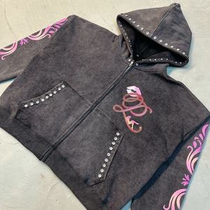 Custom Men's Streetwear <b>Hoodie</b> Vintage Acid Wash French Terry Boxy <b>Cropped</b> Oversized Distressed Design Rhinestone <b>Zip</b> <b>up</b> Hoodies - Product Image 4