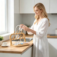 Égouttoir de cuisine multifonctionnel vertical portable pliable en bambou naturel pour biberons avec support amovible