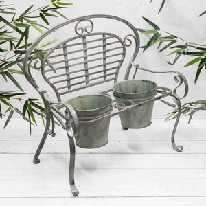 Banc-jardinière en fer forgé de qualité standard, support à fleurs pour patio et jardin avec 2 pots de plantes, design décoratif - Product Image 4
