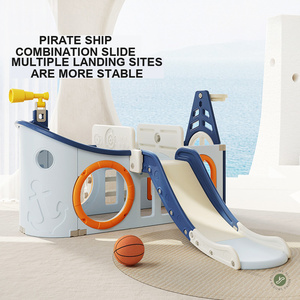 Pirate Ship Kids Combination Slide Indoor Toddler Play Slide Multifunctional Plastic Slide with Basketball <strong>Hoop</strong> for Kids Play - Product Image 1