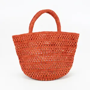 Handmade Crocheted Natural Raffia Straw Basket Beach Bag Unlined Designer Casual Tote Handbag Spring Summer Fashionable Lady