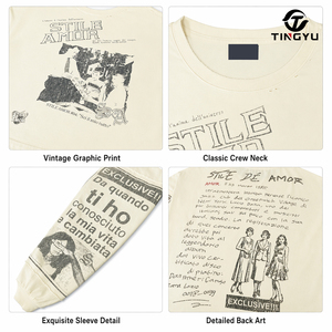 Camiseta de manga larga de algodón 100% de punto para hombre, estilo urbano, con estampado de periódico personalizado, vintage, desgastada, oversize, de alto gramaje. - Product Image 3