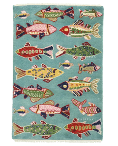 Alfombra Turca Oushak Moderna Hecha a Mano con Diseño de Peces, Decoración Náutica para Habitación Infantil, Detalles en Azul Agua - Product Image 1