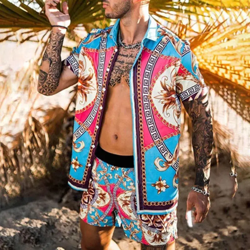 men's fashion beach print short casual men clothing two piece cool summer wear quick-drying short set