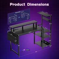 Bureau de jeu et poste de travail réversible noir avec étagères de rangement et support pour moniteur et tour d'ordinateur, pour bureau à domicile, chambre et dortoir