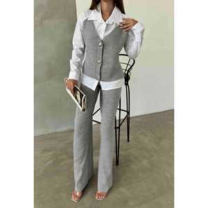 Conjunto de traje gris para mujer, chaleco de punto y pantalones, talla S, ajuste ceñido, ropa profesional - Product Image 1