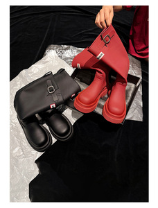 Bottes de pluie pour femmes en couleur unie rouge, nouvelles bottes de chevalier au-dessus du genou pour l'automne, avec bout rond, semelles épaisses, tige en fibre superfine - Product Image 6