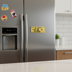 Imán Decorativo Rectangular Metálico para Refrigerador, Diseño de Billete de Cien Dólares Dorado, 1.5 x 3.5 Pulgadas - Product Image 2