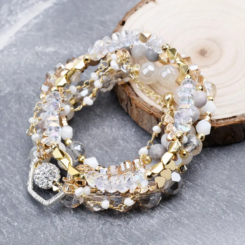 Bohemian Women's Charms Bracelets Set Gold Color Crystal Stone Metal Beaded Bracelet