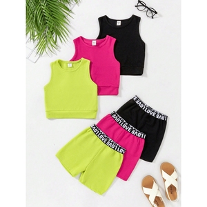 Sporty Activewear <strong>Neon</strong> Bright Colors Ribbed Fabric Cropped Tank Top Letter Print Elastic Waistband Girl Customize <strong>Kids</strong> <strong>Clothes</strong> - Product Image 5