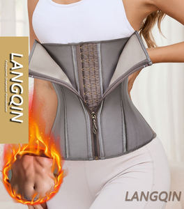 LANGQIN Gaine amincissante en latex gris avec armatures en acier, fermeture éclair, compression moyenne, respirante, antibactérienne, pour le contrôle du ventre - Product Image 1